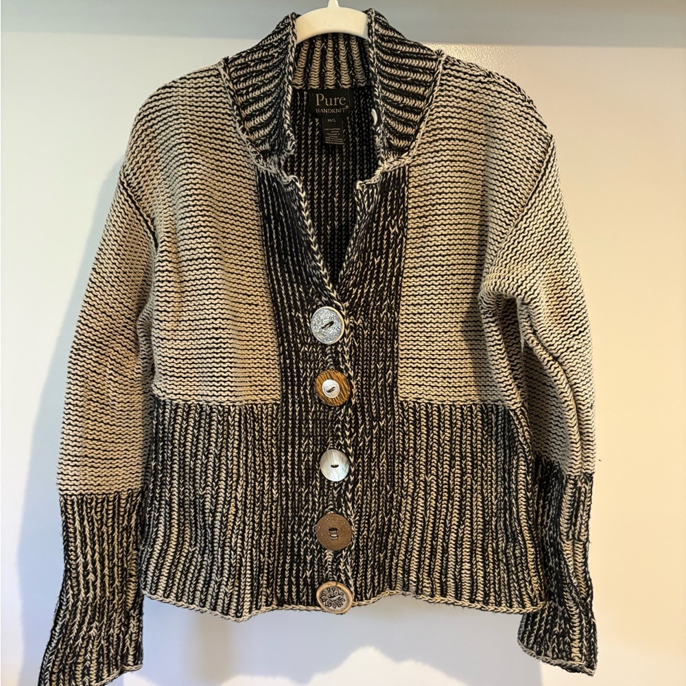 Pure Women's Black and Cream Button-Up Cardigan